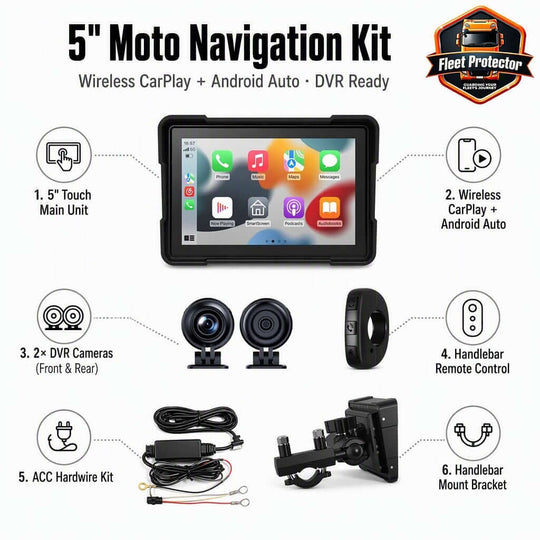 Motorbike Front & Rear Camera’s Wireless CarPlay & Android + 5" & 7" Option IPS Touch Screen with GPS, DVR & TPMS