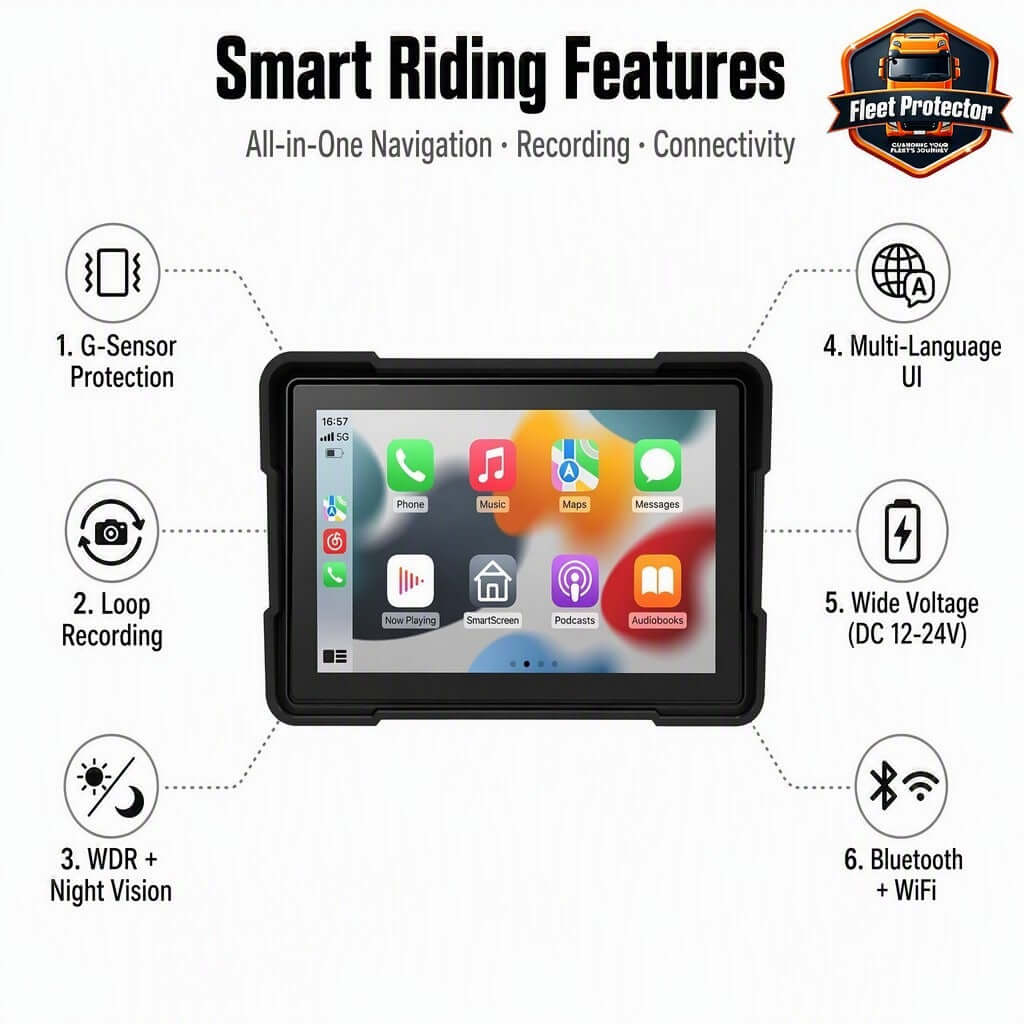 Motorbike Front & Rear Camera’s Wireless CarPlay & Android + 5" & 7" Option IPS Touch Screen with GPS, DVR & TPMS