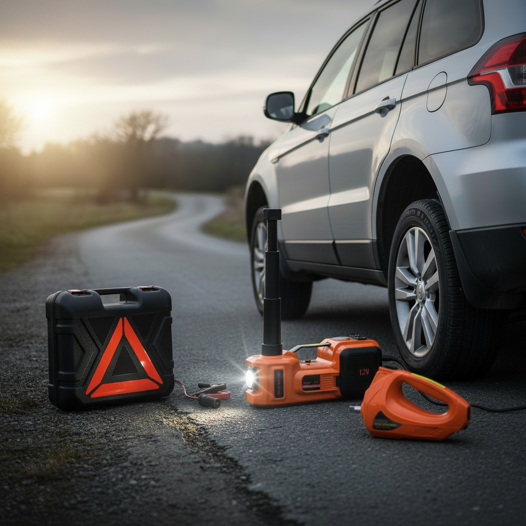 5 Ton Electric Hydraulic Jack lifting a silver SUV at dusk with LED light glowing