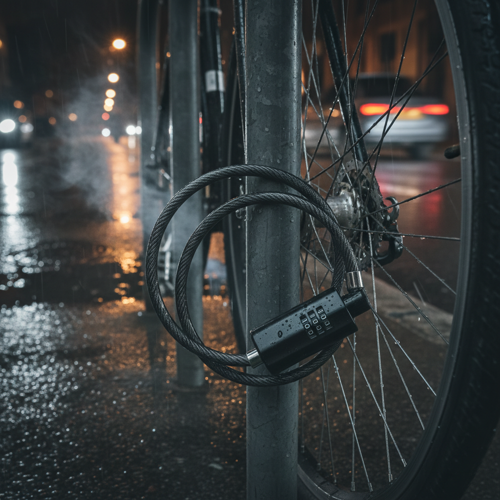Black zip cable lock securing a bicycle to a metal rack on a dark wet urban street at night