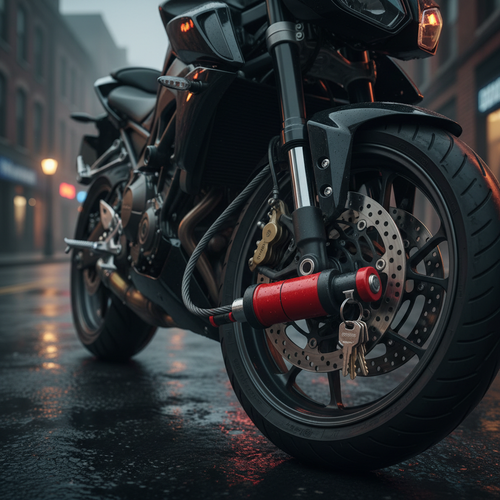 Heavy duty U-lock secured around a motorbike wheel on a dark wet urban street at night